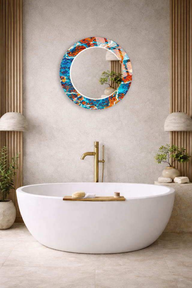 HEM TABLO HEM AYNA MAVİ TURUNC SOYUT TAŞ DOKU TASARIMLI CAM DUVAR AYNASI EV DEKORU