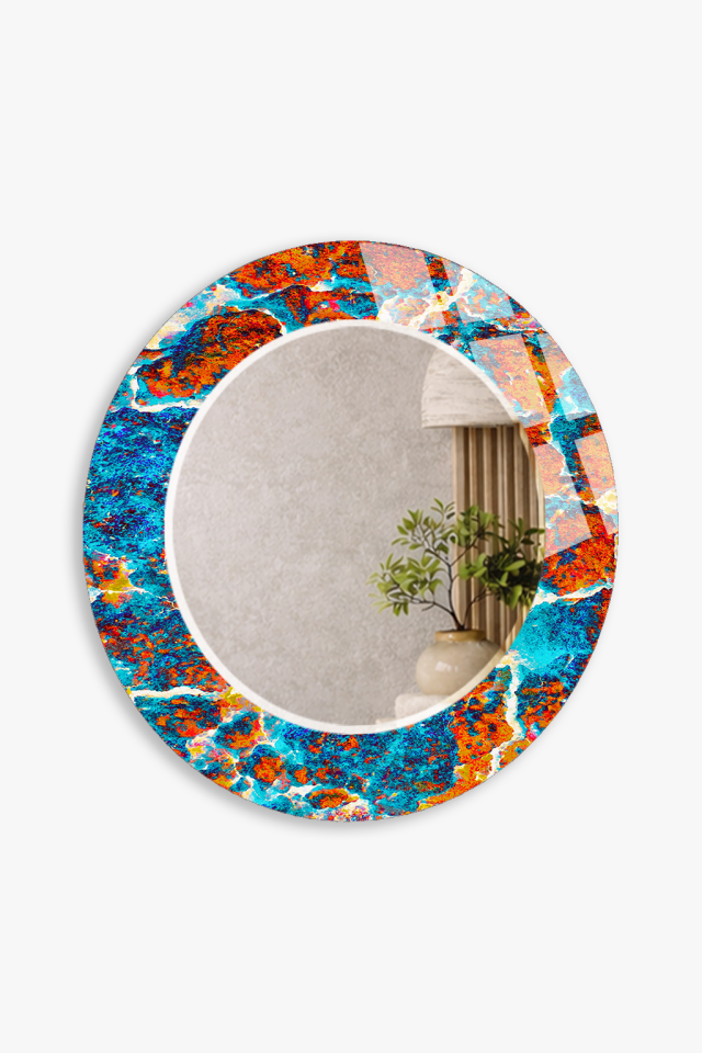 HEM TABLO HEM AYNA MAVİ TURUNC SOYUT TAŞ DOKU TASARIMLI CAM DUVAR AYNASI EV DEKORU