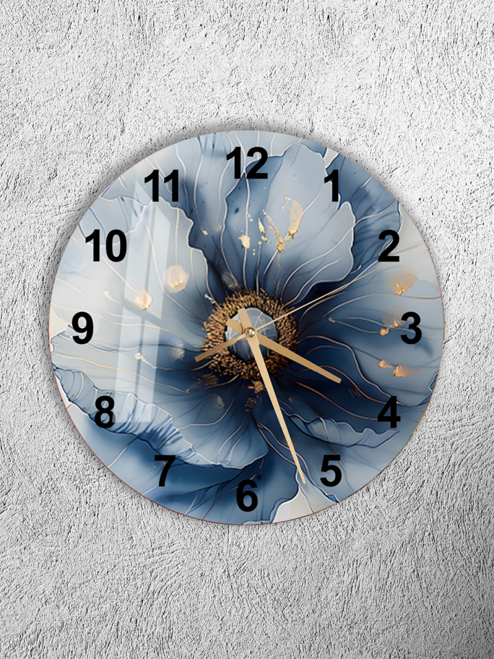 KIRILMAZ CAM DUVAR SAATİ, MAVİ ÇİÇEK SANATSAL DESEN, HEM TABLO HEM SAAT, ZARİF EV OFİS HEDİYESİ