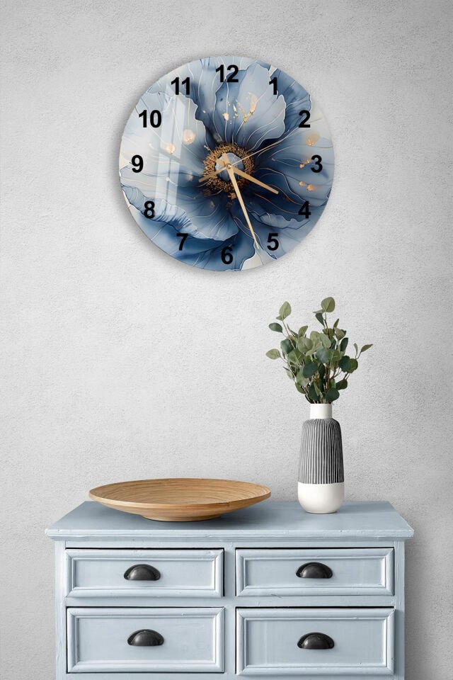 KIRILMAZ CAM DUVAR SAATİ, MAVİ ÇİÇEK SANATSAL DESEN, HEM TABLO HEM SAAT, ZARİF EV OFİS HEDİYESİ