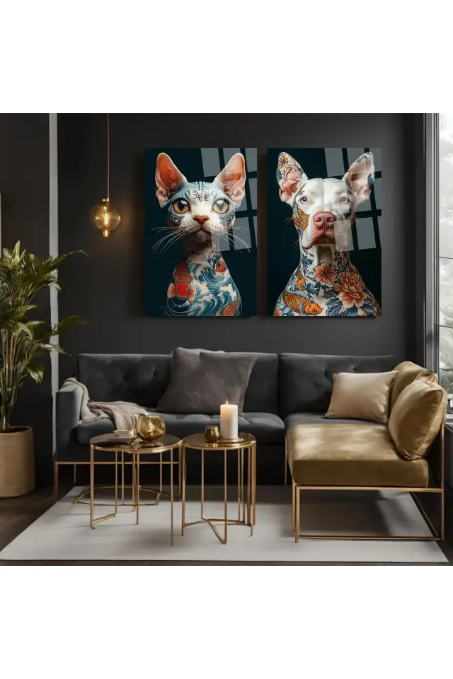 2 Lİ TATTOO TABLO DÖVMELİ KEDİ VE KÖPEK CAM TABLO ULRTA CANLI RENK CAM TABLO KIRILMAZ CAM Siyah