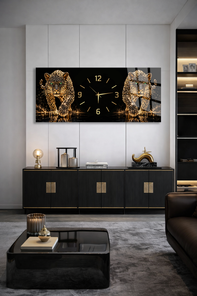 ALTIN MÜCEVHERLİ İKİZ LEOPAR FİGÜRLÜ CAM SAAT EV OFİS HEDİYESİ