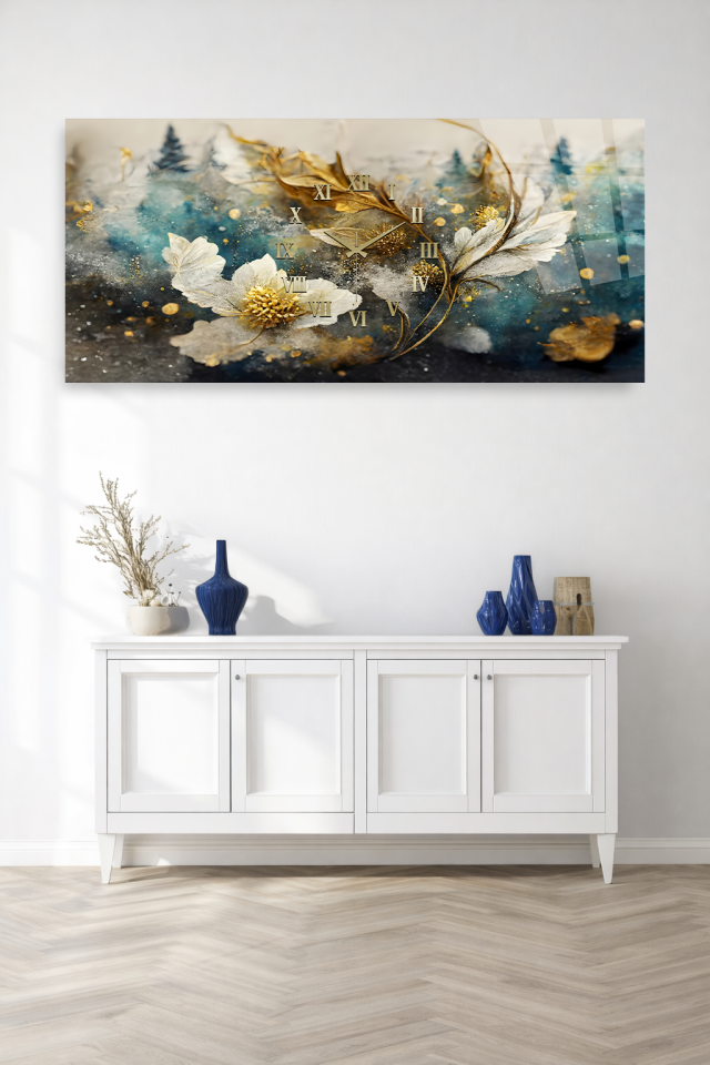 KIRILMAZ CAM DUVAR SAATİ , HEM TABLO HEM SAAT ALTIN DETAYLI DOĞA VE ÇİÇEK TASARIMI EV OFİS HEDİYESİ