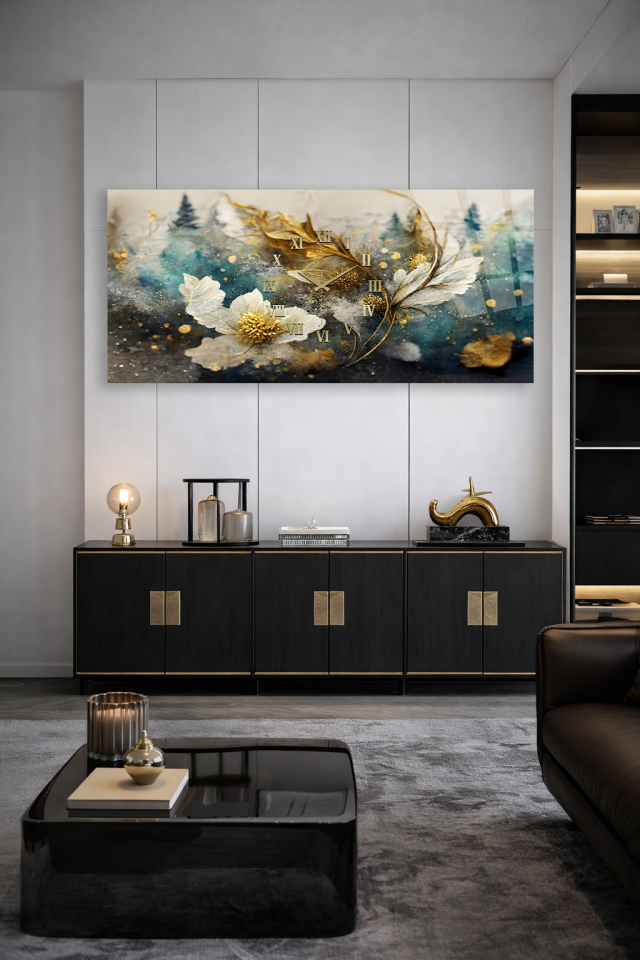 KIRILMAZ CAM DUVAR SAATİ , HEM TABLO HEM SAAT ALTIN DETAYLI DOĞA VE ÇİÇEK TASARIMI EV OFİS HEDİYESİ