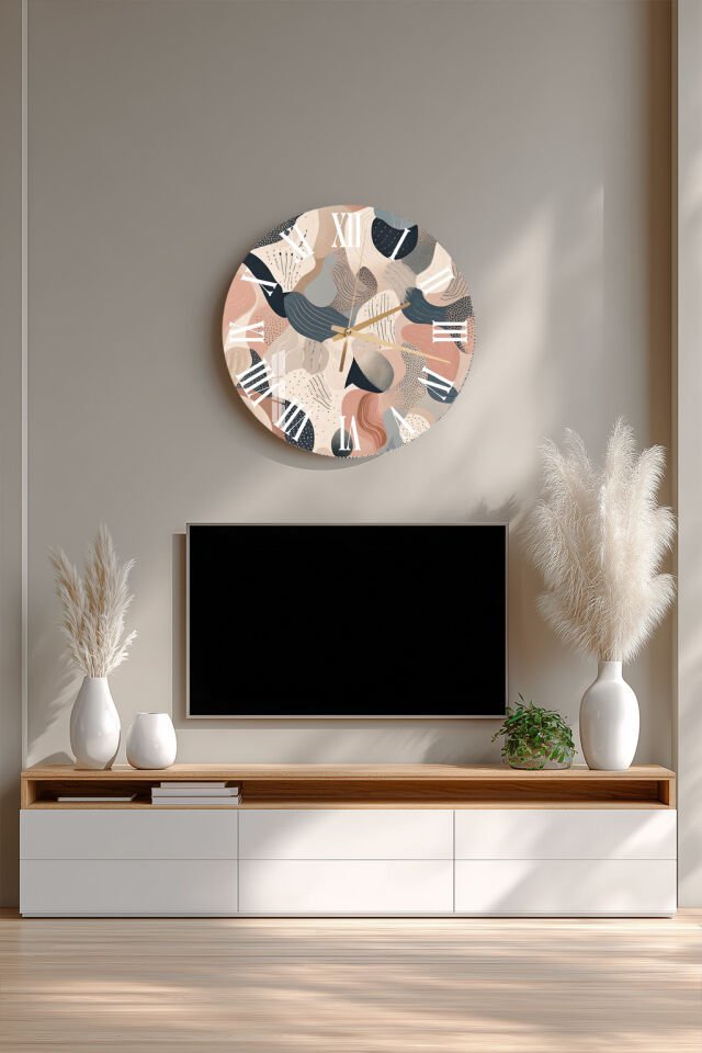 KIRILMAZ CAM DUVAR SAATİ, HEM TABLO HEM SAAT BEJ PUDRA SOYUT ORGANİK DESEN EV OFİS HEDİYESİ