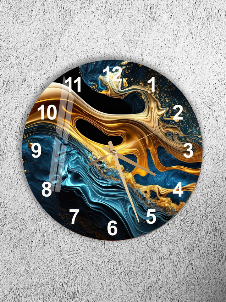 KIRILMAZ CAM DUVAR SAATİ, SİYAH MAVİ GOLD AKIŞ DESENLİ, HEM TABLO HEM SAAT, PREMİUM EV OFİS HEDİYESİ