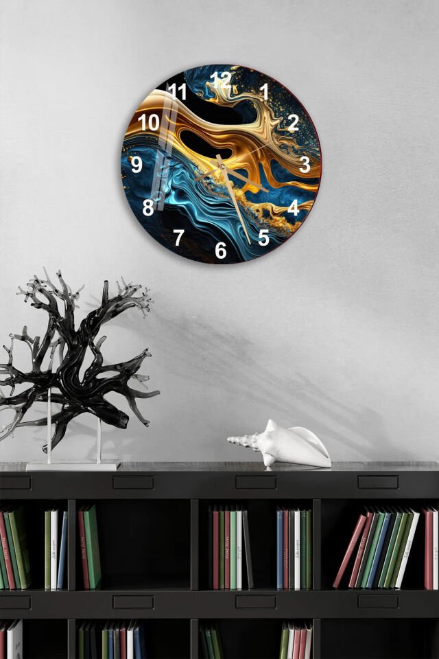 KIRILMAZ CAM DUVAR SAATİ, SİYAH MAVİ GOLD AKIŞ DESENLİ, HEM TABLO HEM SAAT, PREMİUM EV OFİS HEDİYESİ