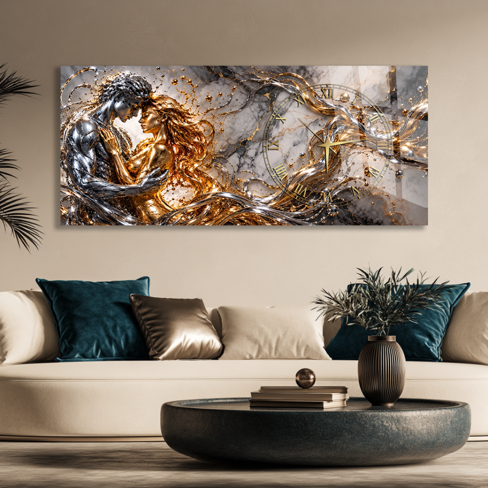 GÜMÜŞ ALTIN AŞIK ÇİFT FİGÜRLÜ ROMA RAKAMLI CAM SAAT EV OFİS HEDİYESİ
