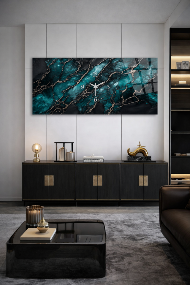 KIRILMAZ CAM DUVAR SAATİ , HEM TABLO HEM SAAT TURKUAZ MERMER DAMARLI ŞIK TASARIM EV OFİS HEDİYESİ