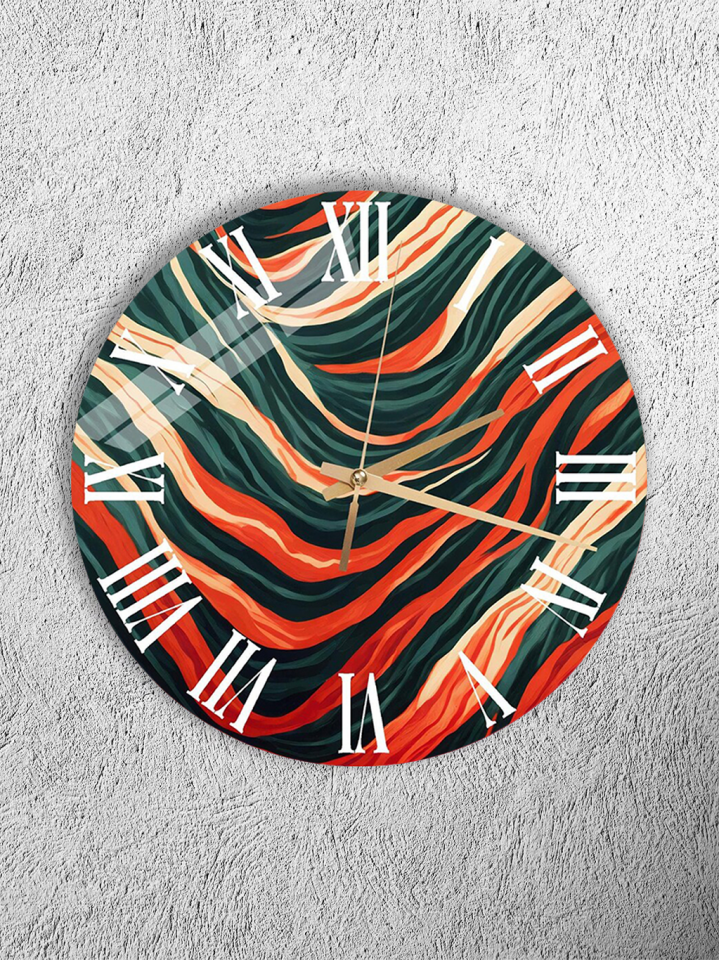 KIRILMAZ CAM DUVAR SAATİ, HEM TABLO HEM SAAT YEŞİL TURUNCU SOYUT DALGA SANATSAL EV OFİS HEDİYESİ