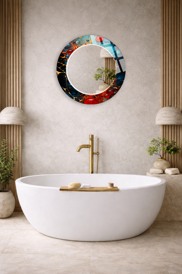 HEM TABLO HEM AYNA KOZMİK RENK PARÇACIKLI TASARIMLI CAM DUVAR AYNASI EV DEKORU