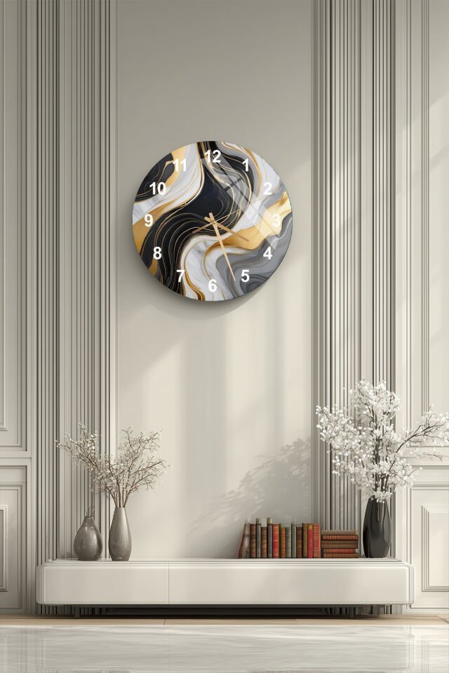 KIRILMAZ CAM DUVAR SAATİ, SİYAH GOLD MERMER AKIŞ DESEN, HEM TABLO HEM SAAT, MODERN EV OFİS HEDİYESİ