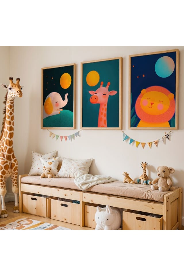 DOĞAL AHŞAP - Gece Masalı – Uykucu Fil, Zürafa ve Aslan Temalı Çocuk Odası Tablo Seti