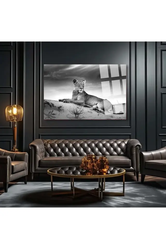 DİŞİ ASLAN SİYAH BEYAZ YATAY CAM TABLO ULRTA CANLI RENKİ CAM TABLO EV HEDİYESİ KIRILMAZ CAM Beyaz