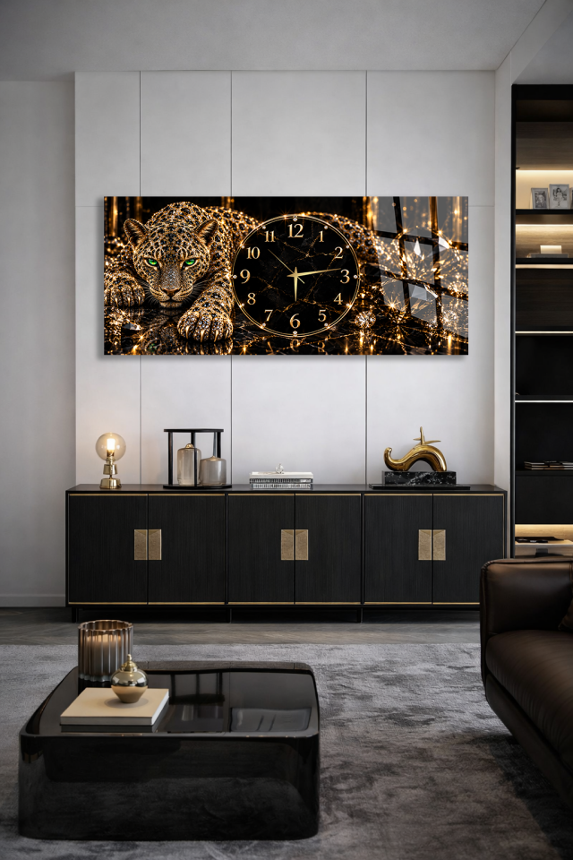 ALTIN MÜCEVHERLİ YATAN LEOPAR FİGÜRLÜ LÜKS CAM SAAT EV OFİS HEDİYESİ