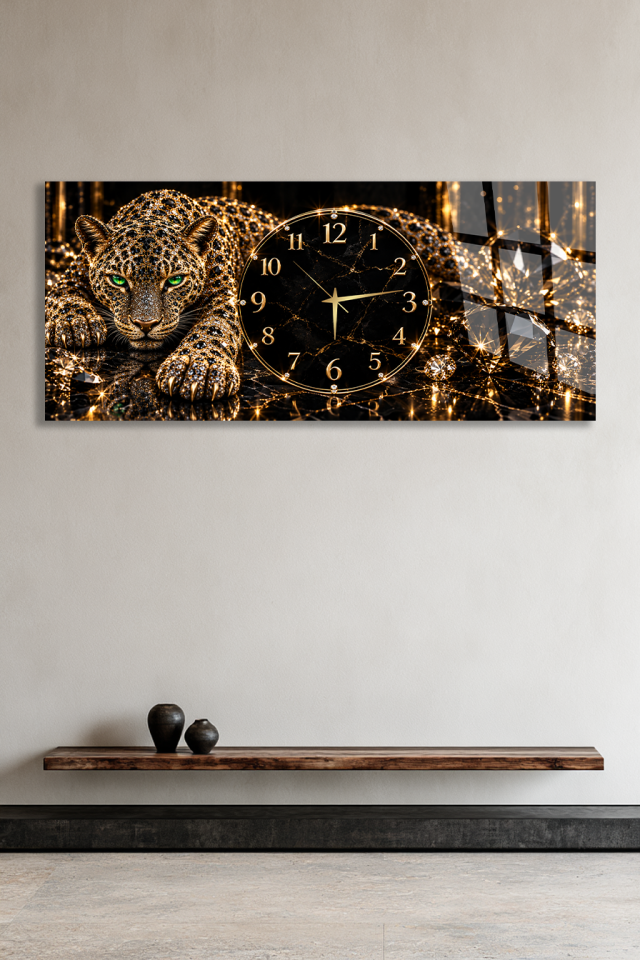 ALTIN MÜCEVHERLİ YATAN LEOPAR FİGÜRLÜ LÜKS CAM SAAT EV OFİS HEDİYESİ
