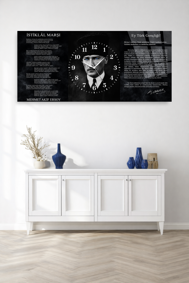 KIRILMAZ CAM DUVAR SAATİ , HEM TABLO HEM SAAT ATATÜRK VE GENÇLİĞE HİTABE EV OFİS HEDİYESİ