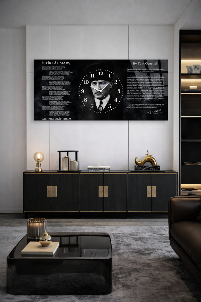KIRILMAZ CAM DUVAR SAATİ , HEM TABLO HEM SAAT ATATÜRK VE GENÇLİĞE HİTABE EV OFİS HEDİYESİ