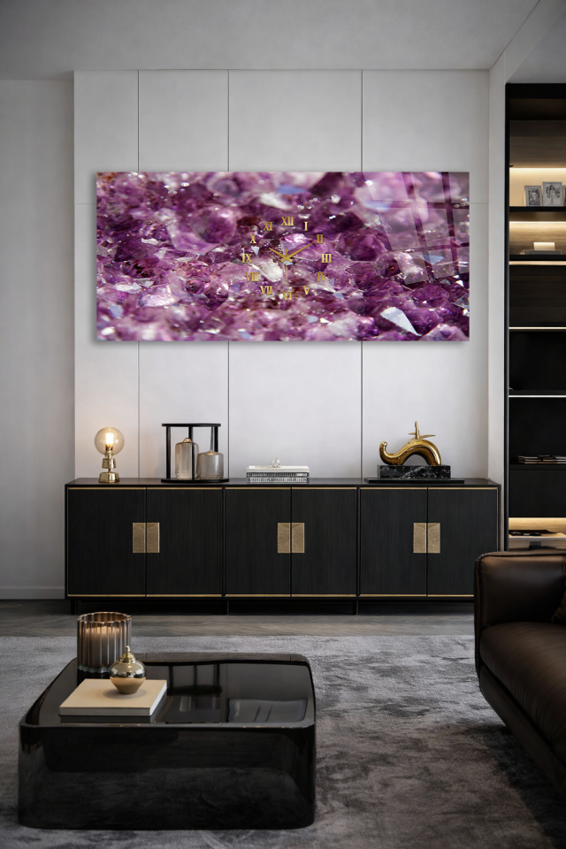 KIRILMAZ CAM DUVAR SAATİ , HEM TABLO HEM SAAT MOR KRİSTAL TAŞ DOKULU LÜKS TASARIM EV OFİS HEDİYESİ