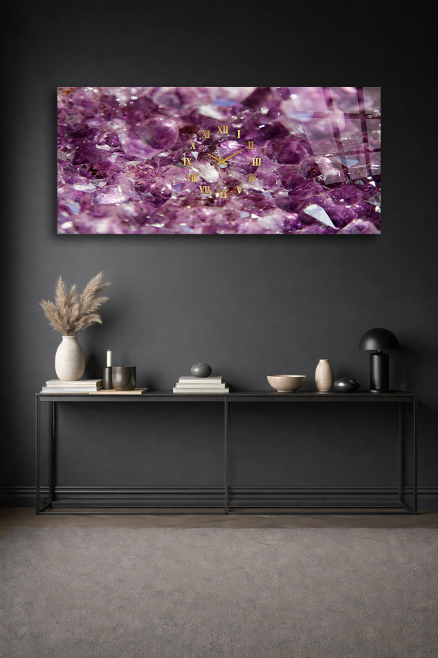 KIRILMAZ CAM DUVAR SAATİ , HEM TABLO HEM SAAT MOR KRİSTAL TAŞ DOKULU LÜKS TASARIM EV OFİS HEDİYESİ