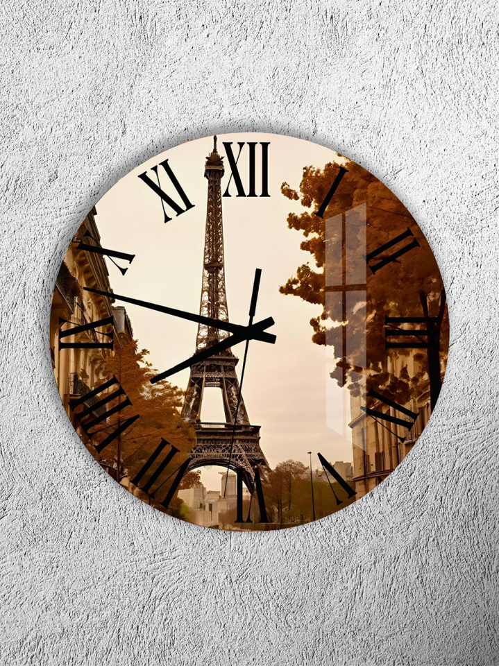 KIRILMAZ CAM DUVAR SAATİ, HEM TABLO HEM SAAT PARİS EYFEL KULESİ SONBAHAR ŞEHİR MANZARASI EV OFİS HEDİYESİ