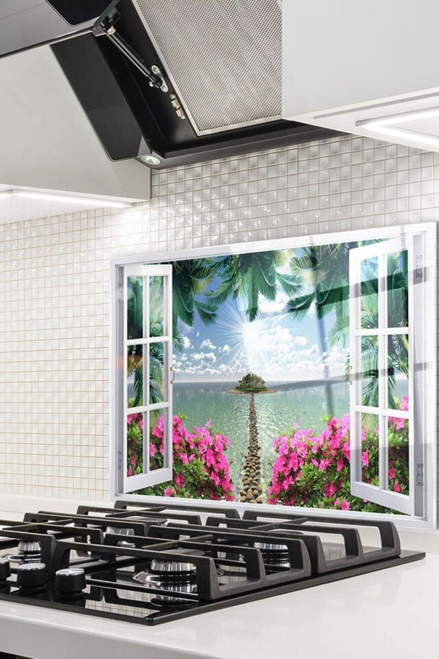 renkli - 60x52 Cm Cam Ocak Arkası Koruyucu Tezgah Ankastre Arkası Koruyucu Pencere Ve Ada