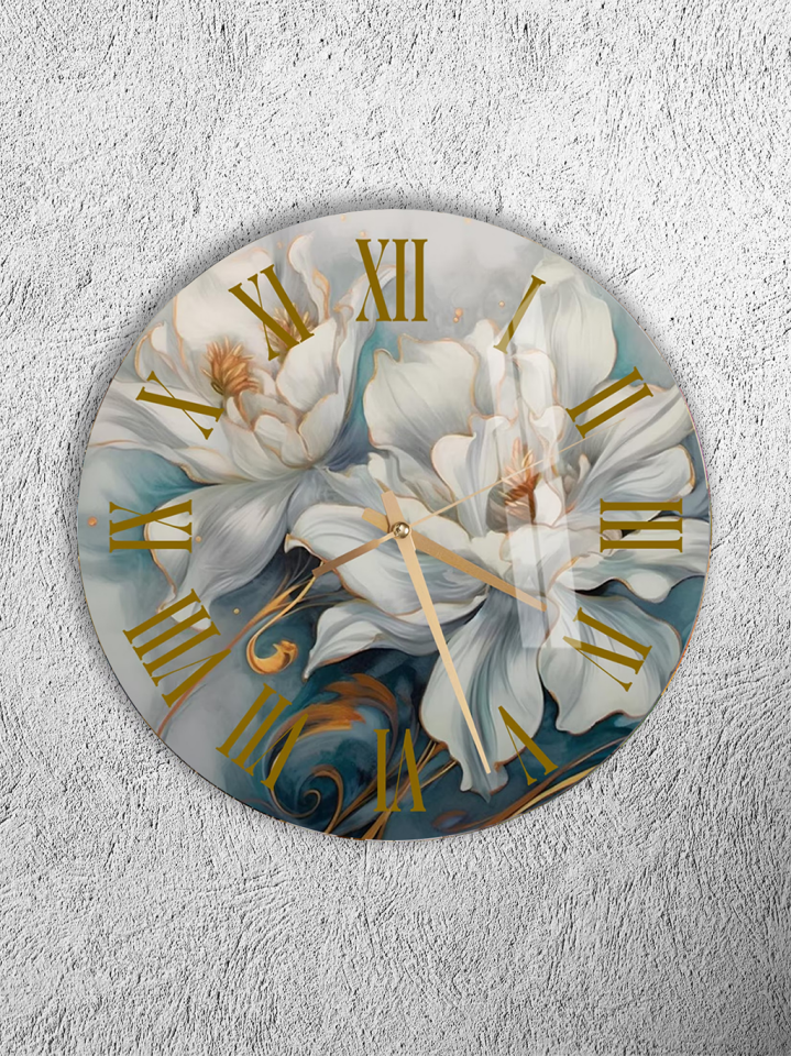 KIRILMAZ CAM DUVAR SAATİ, BEYAZ MAVİ ÇİÇEK GOLD DETAYLI, HEM TABLO HEM SAAT, ŞIK EV OFİS HEDİYESİ