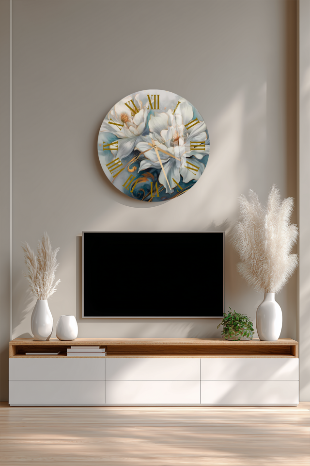 KIRILMAZ CAM DUVAR SAATİ, BEYAZ MAVİ ÇİÇEK GOLD DETAYLI, HEM TABLO HEM SAAT, ŞIK EV OFİS HEDİYESİ