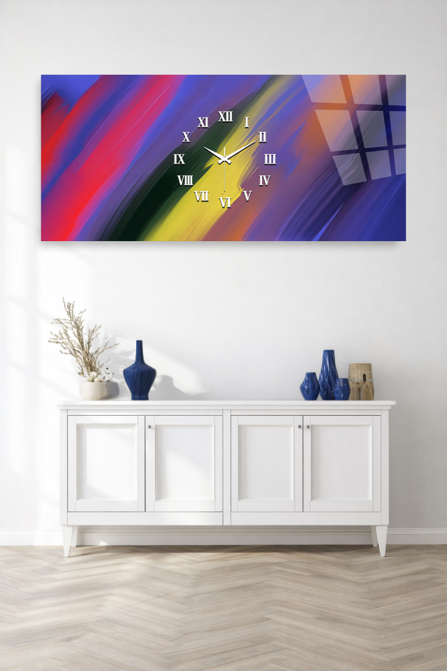 KIRILMAZ CAM DUVAR SAATİ , HEM TABLO HEM SAAT SOYUT RENK GEÇİŞLİ MODERN CAM TASARIM EV OFİS HEDİYESİ