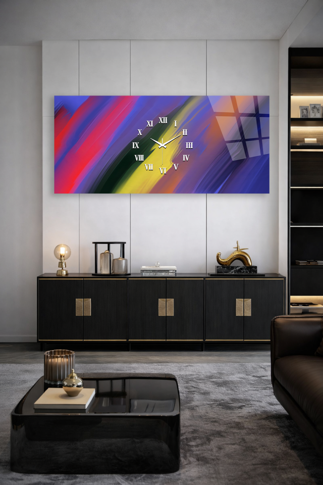 KIRILMAZ CAM DUVAR SAATİ , HEM TABLO HEM SAAT SOYUT RENK GEÇİŞLİ MODERN CAM TASARIM EV OFİS HEDİYESİ