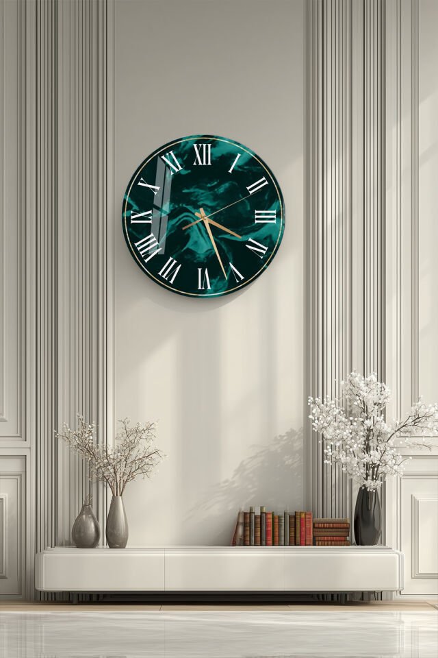 KIRILMAZ CAM DUVAR SAATİ, HEM TABLO HEM SAAT YEŞİL MERMER DESENLİ MODERN TASARIM EV OFİS HEDİYESİ