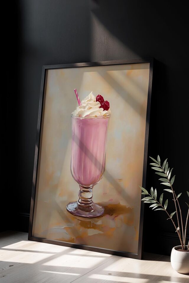 SİYAH - Milkshake Realistik Pembe Trendy Maksimalist Sanatı Ahşap Çerçeveli Duvar Tablosu