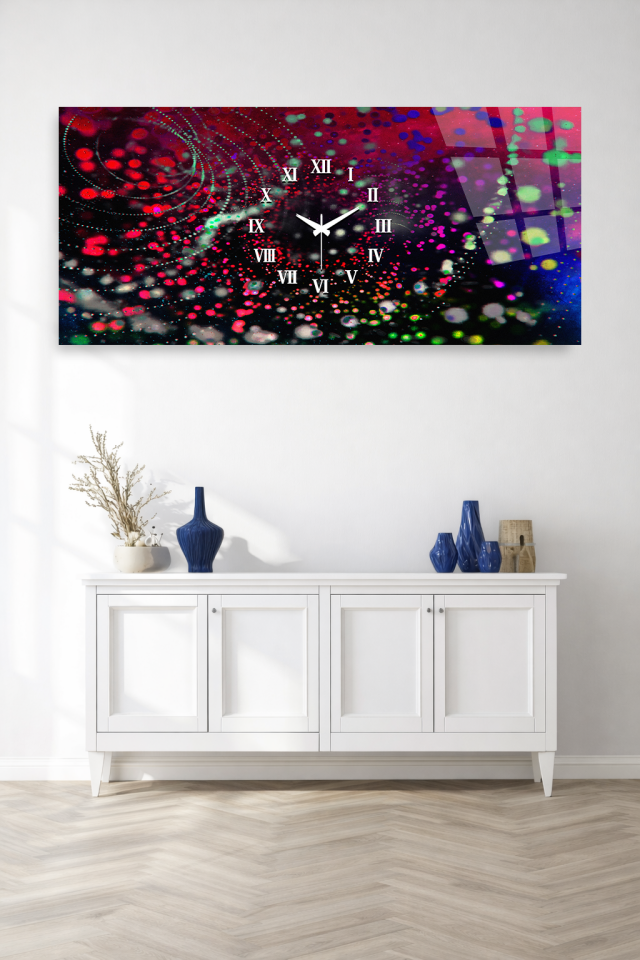 KIRILMAZ CAM DUVAR SAATİ , HEM TABLO HEM SAAT RENKLİ SOYUT IŞIK DESENLİ EV OFİS HEDİYESİ