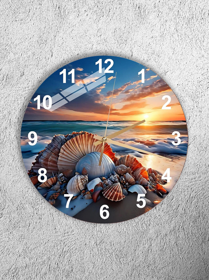 KIRILMAZ CAM DUVAR SAATİ, HEM TABLO HEM SAAT DENİZ KABUĞU GÜN BATIMI SAHİL MANZARASI EV OFİS HEDİYESİ