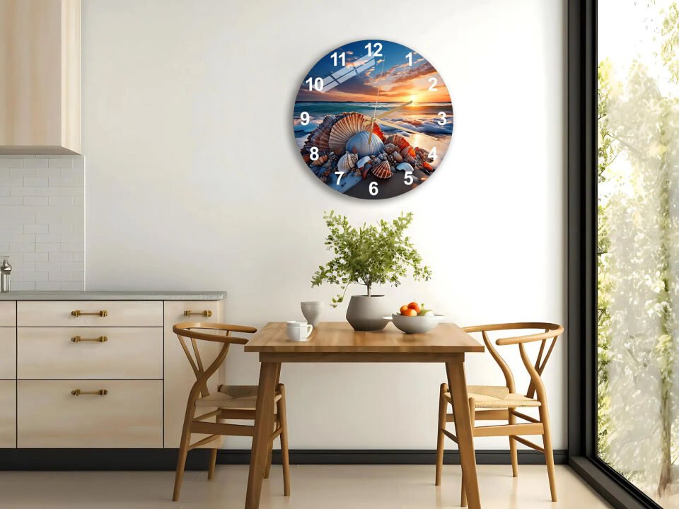 KIRILMAZ CAM DUVAR SAATİ, HEM TABLO HEM SAAT DENİZ KABUĞU GÜN BATIMI SAHİL MANZARASI EV OFİS HEDİYESİ