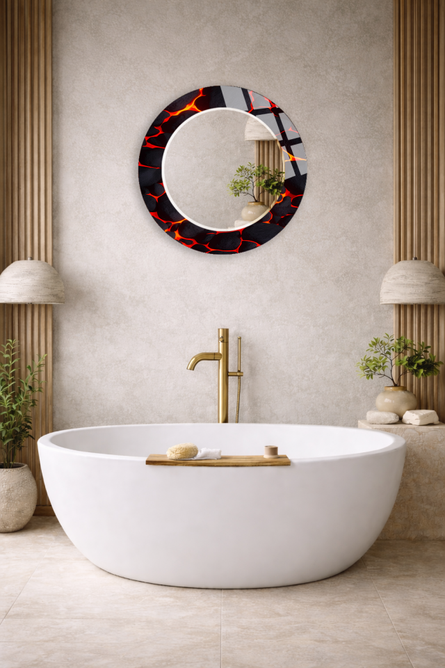 HEM TABLO HEM AYNA KIRMIZI LAV DESENLİ CAM DUVAR AYNASI EV DEKORU