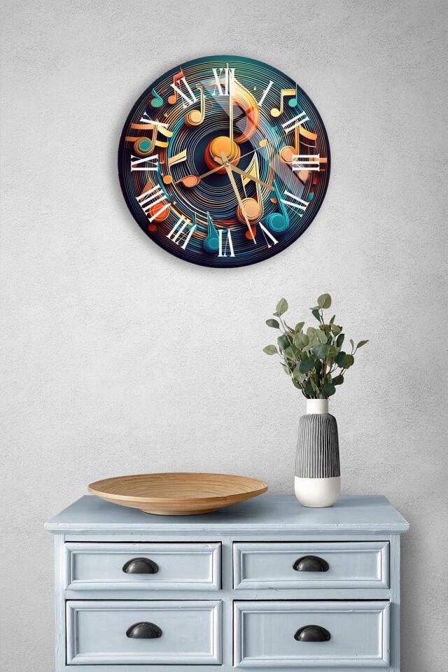 KIRILMAZ CAM DUVAR SAATİ, HEM TABLO HEM SAAT MÜZİK TEMALI RENKLİ SANATSAL TASARIM EV OFİS HEDİYESİ