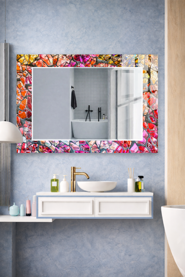 HEM TABLO HEM AYNA KIRMIZI KRİSTAL MOZAİK PARLAK CAM DUVAR AYNASI EV DEKORU