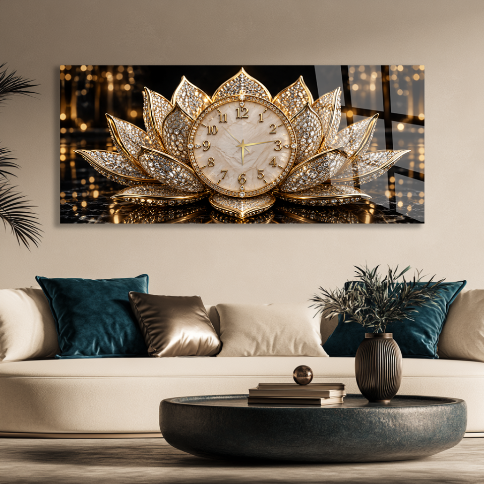 ALTIN MÜCEVHERLİ LOTUS ÇİÇEĞİ FİGÜRLÜ LÜKS CAM SAAT EV OFİS HEDİYESİ