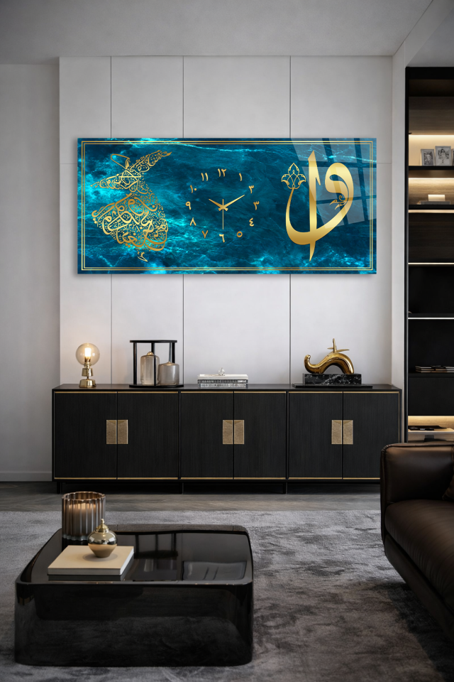 KIRILMAZ CAM DUVAR SAATİ , HEM TABLO HEM SAAT TURKUAZ ZEMİN İSLAMİ HAT TASARIM EV OFİS HEDİYESİ