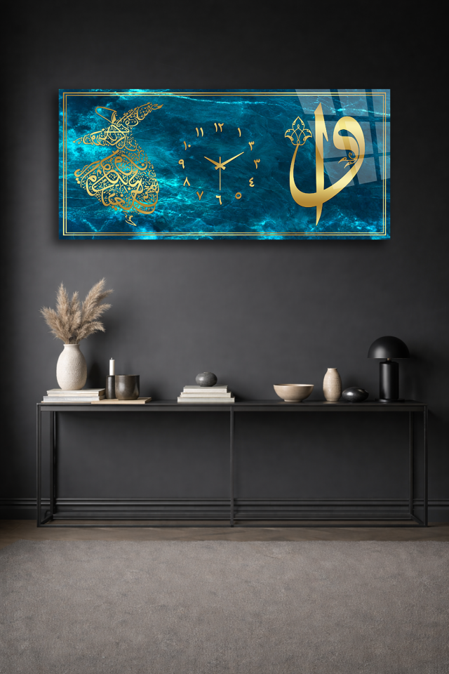 KIRILMAZ CAM DUVAR SAATİ , HEM TABLO HEM SAAT TURKUAZ ZEMİN İSLAMİ HAT TASARIM EV OFİS HEDİYESİ