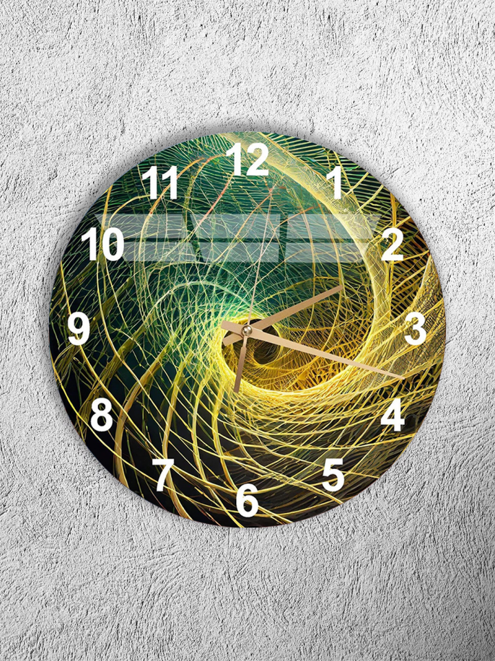 KIRILMAZ CAM DUVAR SAATİ, HEM TABLO HEM SAAT YEŞİL ALTIN SPİRAL SOYUT SANATSAL TASARIM EV OFİS HEDİYESİ