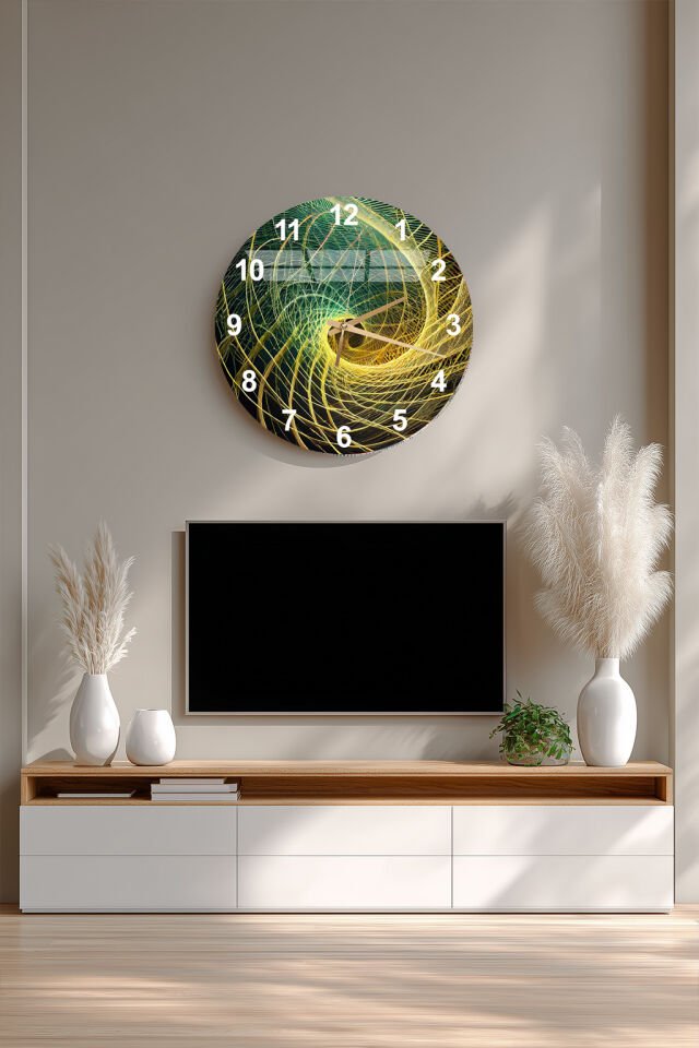 KIRILMAZ CAM DUVAR SAATİ, HEM TABLO HEM SAAT YEŞİL ALTIN SPİRAL SOYUT SANATSAL TASARIM EV OFİS HEDİYESİ