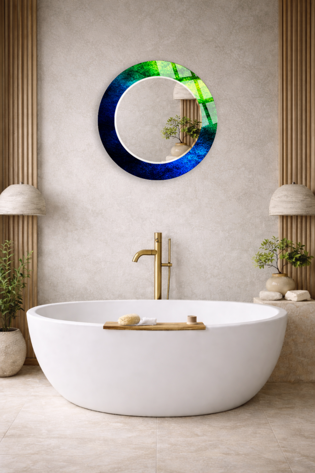 HEM TABLO HEM AYNA MAVİ YEŞİL GRANİT DOKULU CAM DUVAR AYNASI EV DEKORU