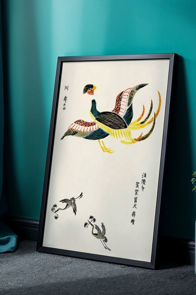 SİYAH - Doğal Ahşap Çerçeveli Japandi Kuş Figürlü Sanatsal Tablo