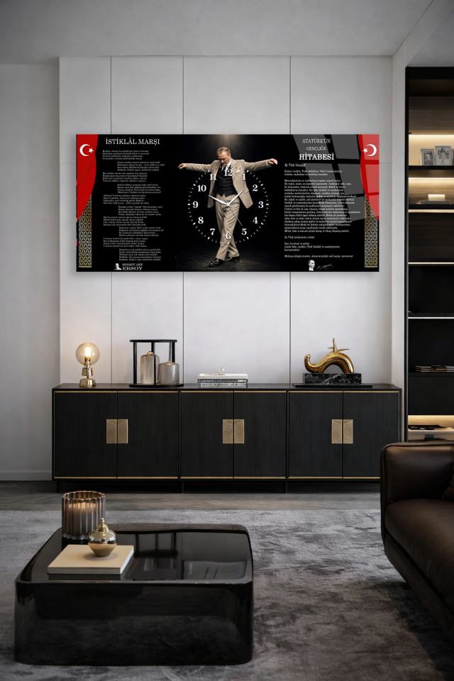 KIRILMAZ CAM DUVAR SAATİ , HEM TABLO HEM SAAT ATATÜRK GENÇLİĞE HİTABE TASARIM EV OFİS HEDİYESİ