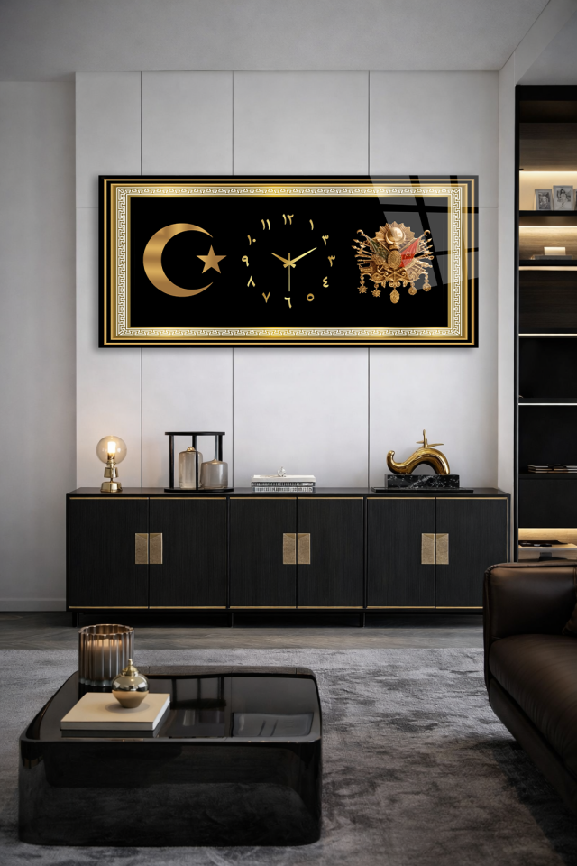 KIRILMAZ CAM DUVAR SAATİ , HEM TABLO HEM SAAT AY YILDIZ OSMANLI ARMALI TASARIM EV OFİS HEDİYESİ