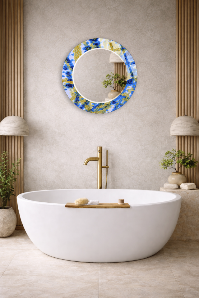 HEM TABLO HEM AYNA MAVİ SARI ÇİÇEKLİ SERAMİK DESENLİ CAM DUVAR AYNASI EV DEKORU