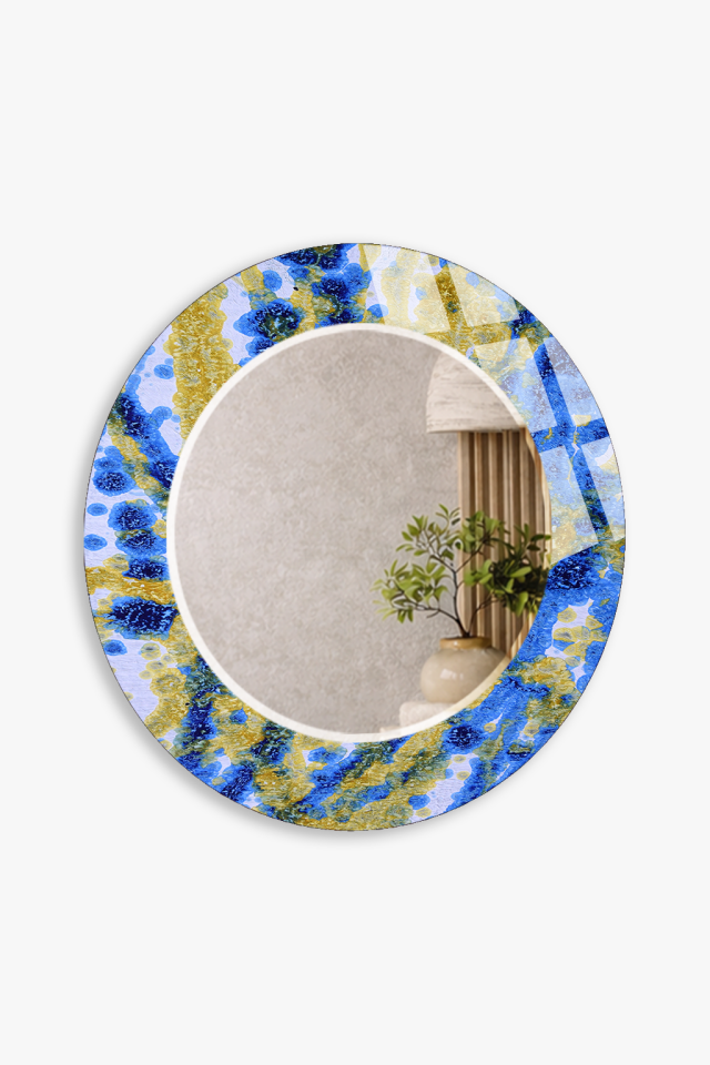 HEM TABLO HEM AYNA MAVİ SARI ÇİÇEKLİ SERAMİK DESENLİ CAM DUVAR AYNASI EV DEKORU