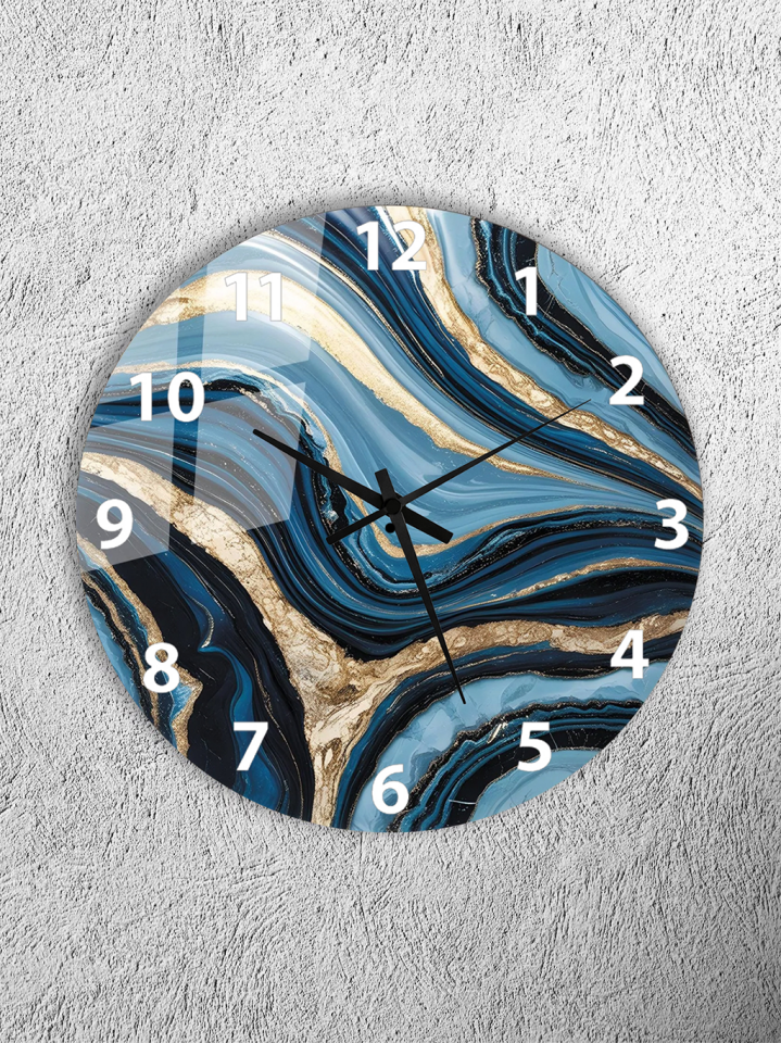 KIRILMAZ CAM DUVAR SAATİ, HEM TABLO HEM SAAT MAVİ ALTIN DAMARLI MERMER DESEN EV OFİS HEDİYESİ